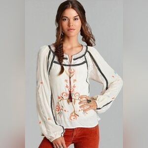 Free People Cream Peasant Blouse with Pink-Orange Floral Embroidery
